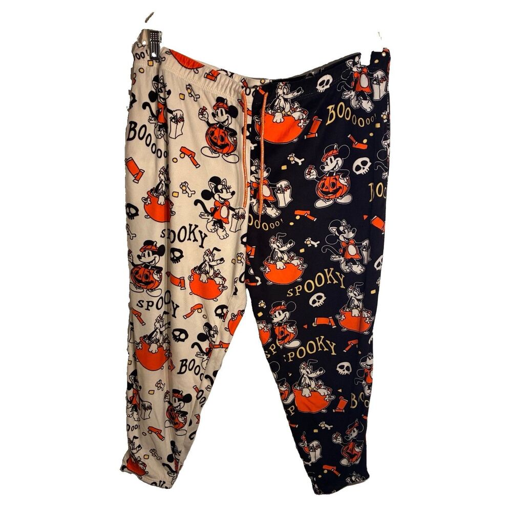 Disney Women's Mickey Mouse In Jack-O-Lantern Pajama Pants Black And White. XL